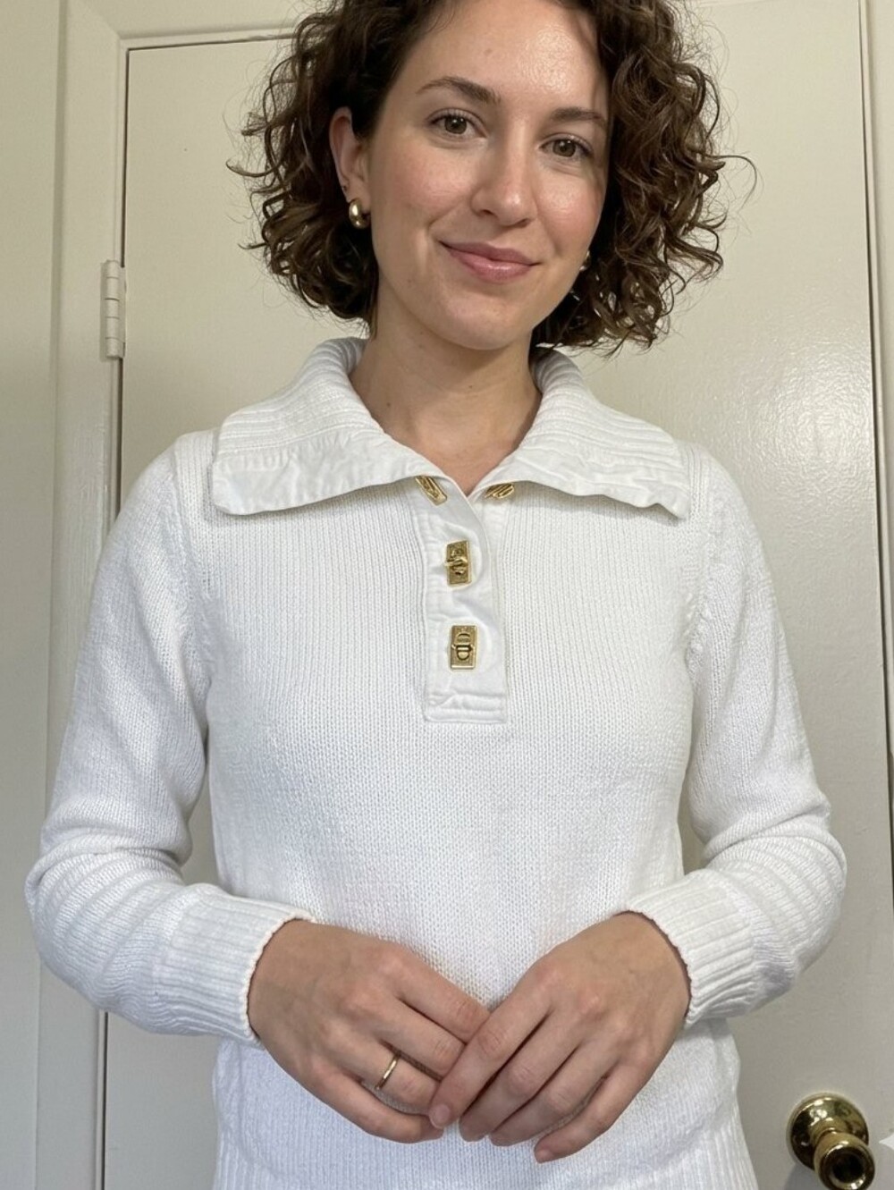 Lauren Ralph Lauren White Polo Knit Sweater with Gold Buttons • Size XS